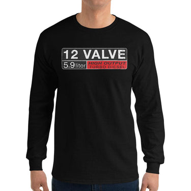 Man modeling 12v cummins long sleeve shirt in black | Aggressive Thread